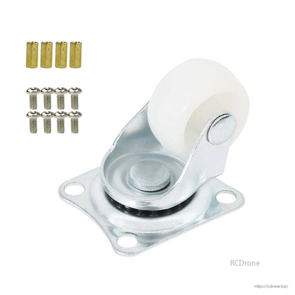 Universal caster wheel with mounting plate plus included brass standoffs and M3 screws on white background