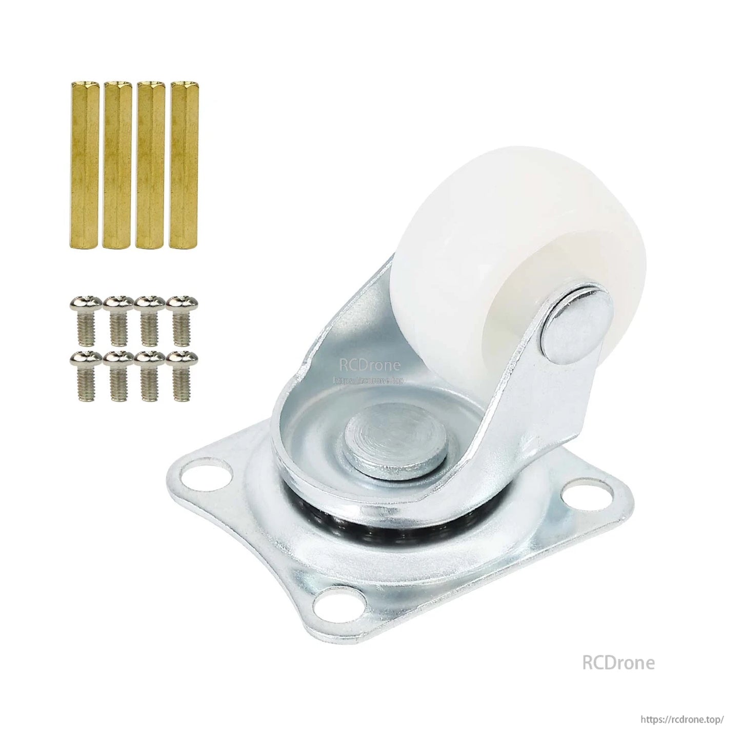Close product view with hardware: 4 brass standoffs and 8 screws next to the 1-inch caster wheel