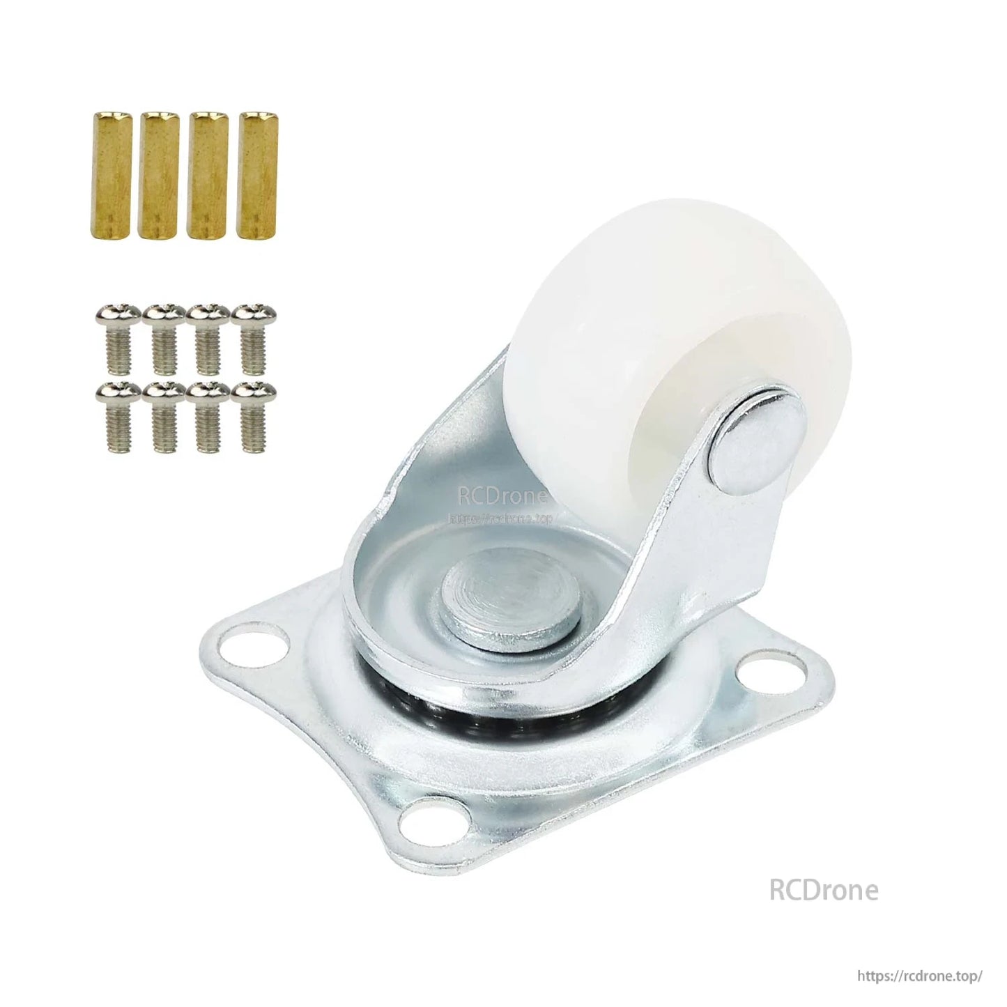 Caster wheel kit shown with 4 brass standoffs and 8 M3 screws beside the mounted wheel assembly