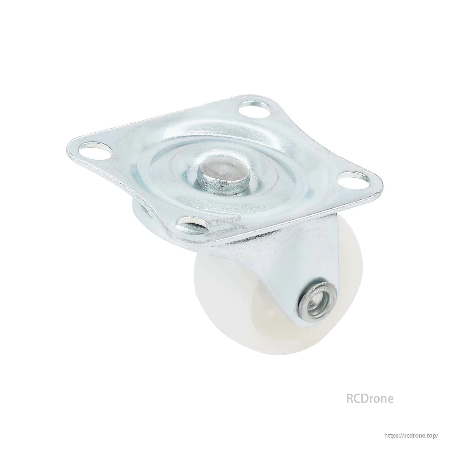 Bottom view of swivel caster wheel showing square 4-hole mounting plate and wheel axle detail