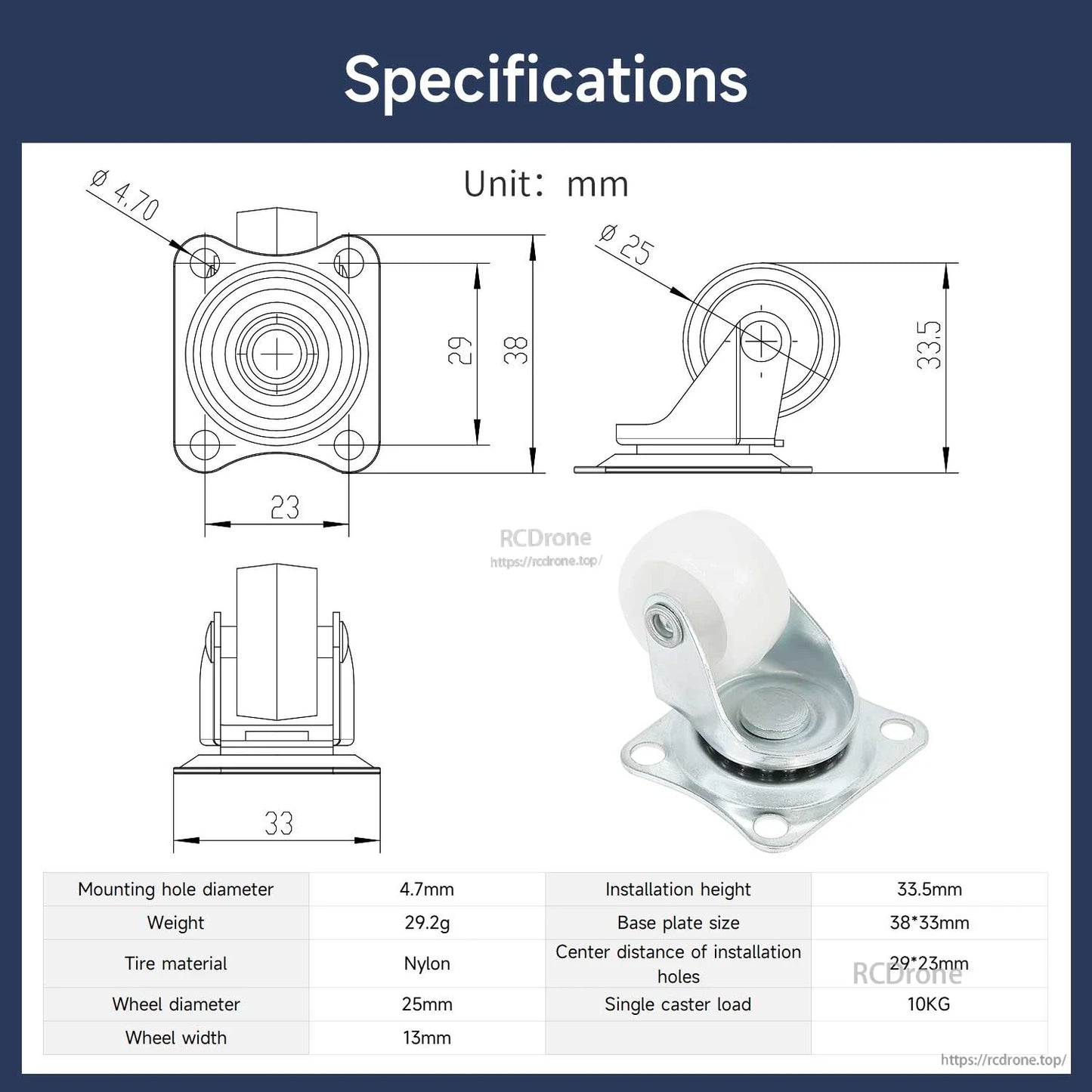 Specifications diagram for 25mm caster wheel showing dimensions, mounting hole size, nylon tire, 10kg load