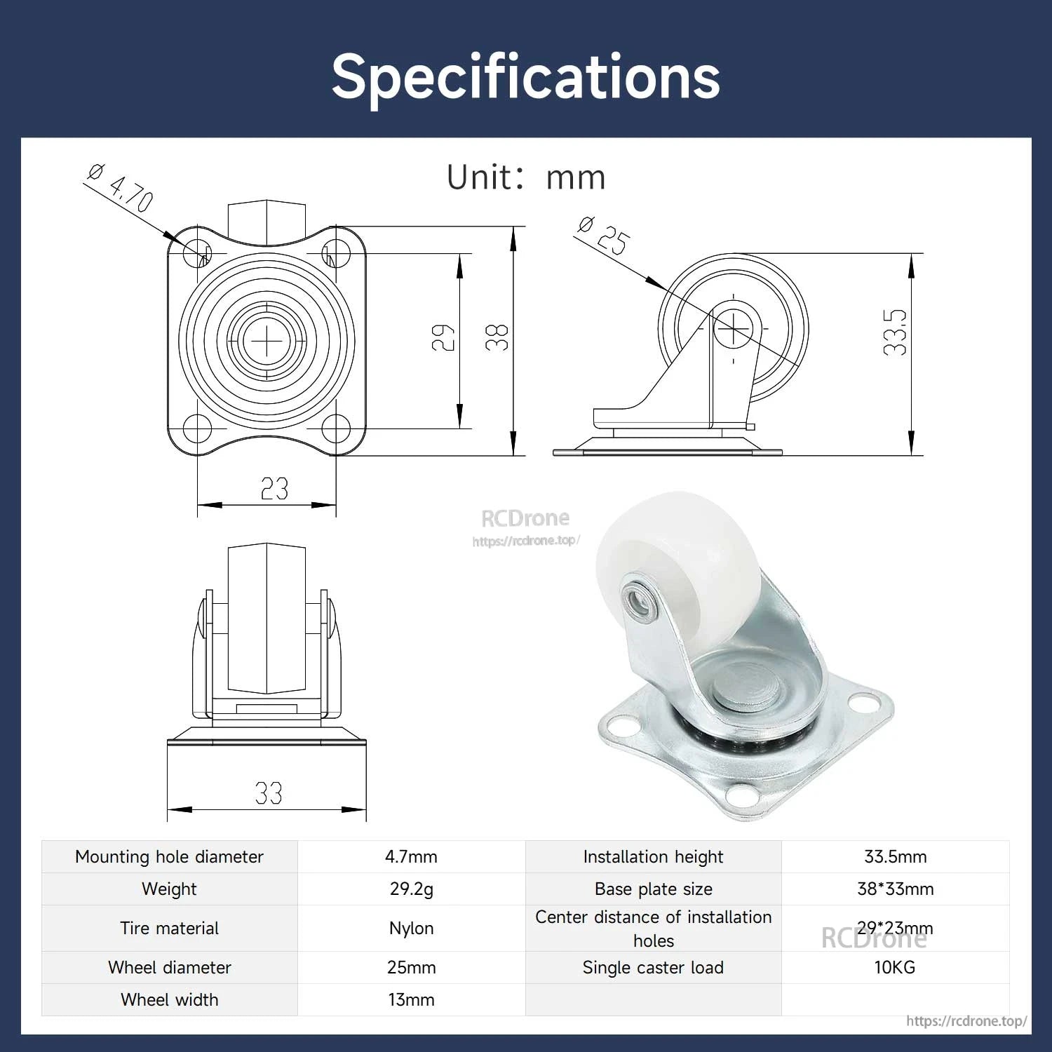 Specifications diagram for 25mm caster wheel showing dimensions, mounting hole size, nylon tire, 10kg load