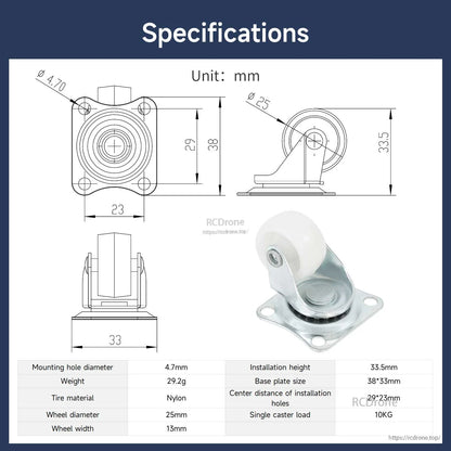 Specifications diagram for 25mm caster wheel showing dimensions, mounting hole size, nylon tire, 10kg load