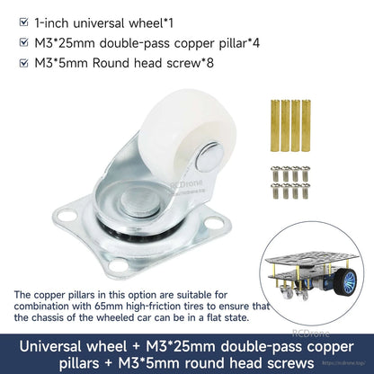 Package option: 1-inch caster wheel with M3×25mm brass standoffs and M3×5mm round head screws (qty shown)