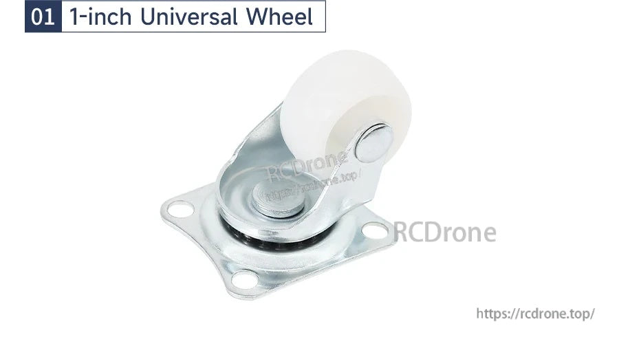 Close-up of the 1-inch universal caster wheel showing nylon roller and four-hole mounting plate