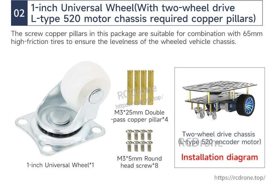 Package option 02: caster wheel with M3×25mm copper pillars and M3×5mm screws for L-type 520 motor chassis