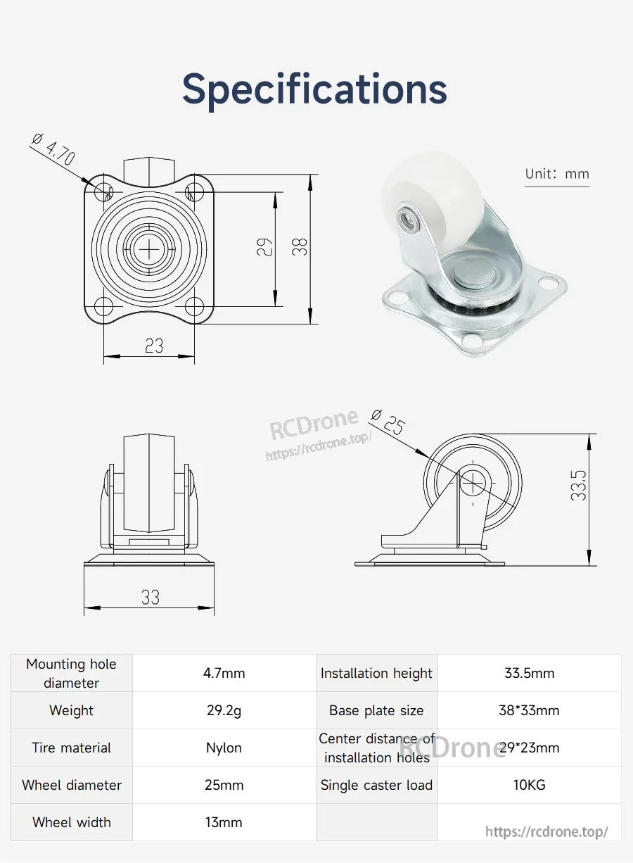 Dimensions and specs for 25mm universal caster wheel: 33.5mm height, 38×33mm plate, 4.7mm holes, 10kg load