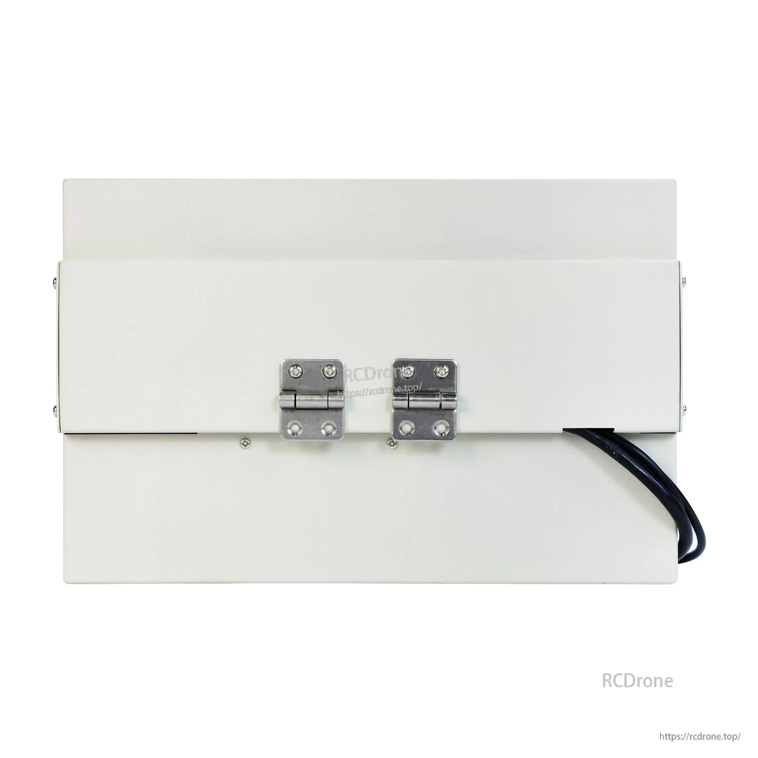 Rear view of display showing metal mounting bracket hinges and attached cable exit