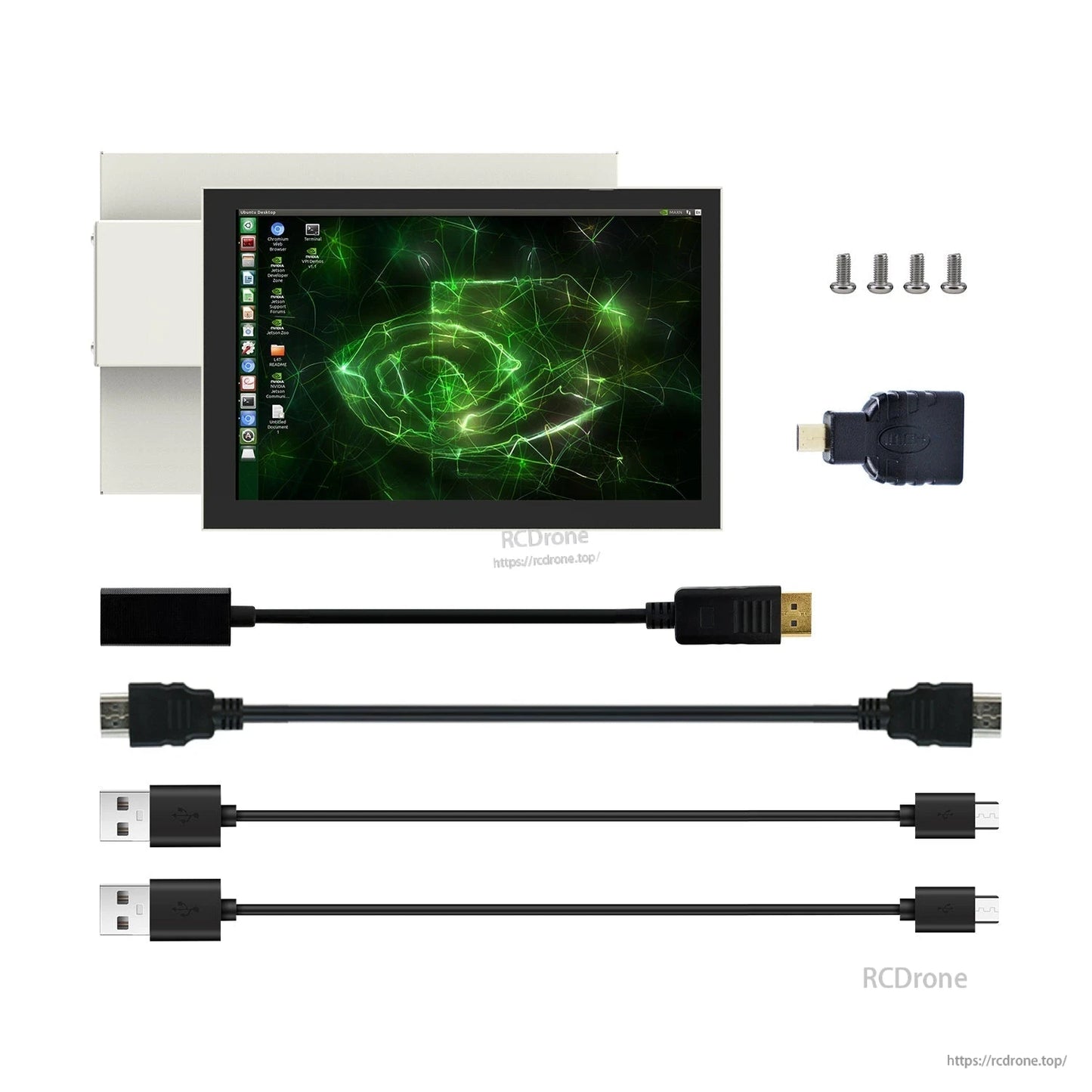 Yahboom 10.1in IPS touch screen package contents with mounting screws, HDMI adapter, and USB/HDMI cables