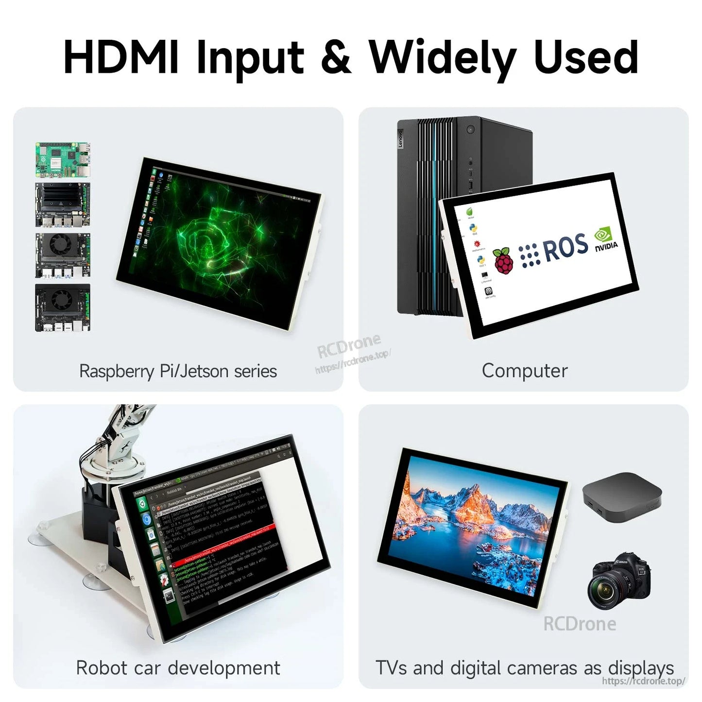HDMI input use cases graphic for Raspberry Pi/Jetson, computer monitor, robot car development, and camera display