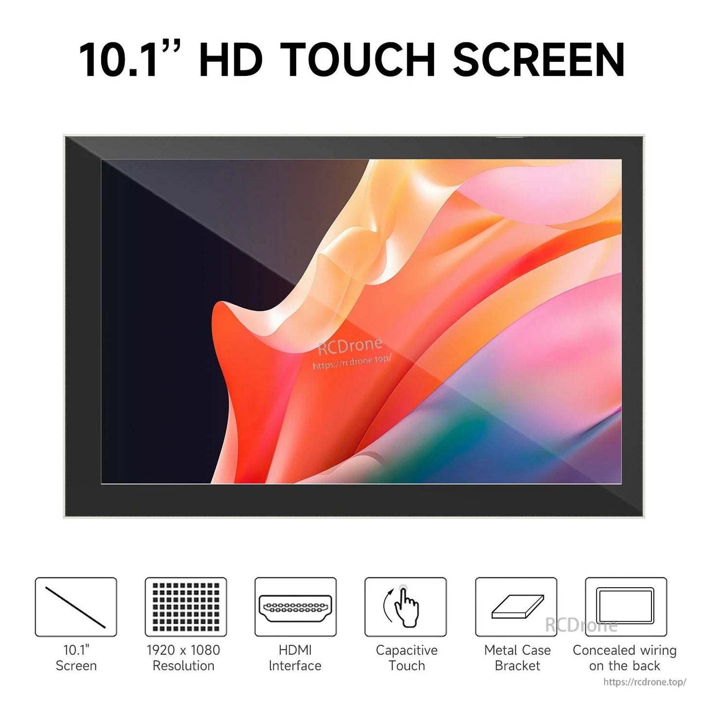 Front view of 10.1-inch HD touch screen with feature icons for HDMI interface and capacitive touch