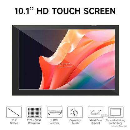 Front view of 10.1-inch HD touch screen with feature icons for HDMI interface and capacitive touch