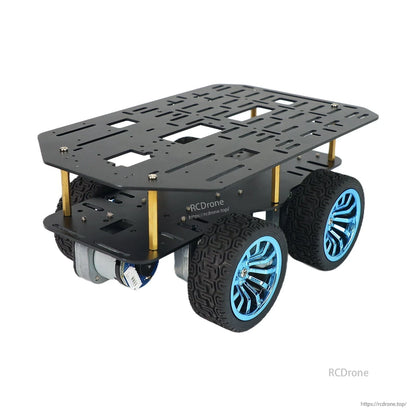 Installed upper plate on multi-layer wheeled smart robot car chassis with standoffs, wheels, and hardware