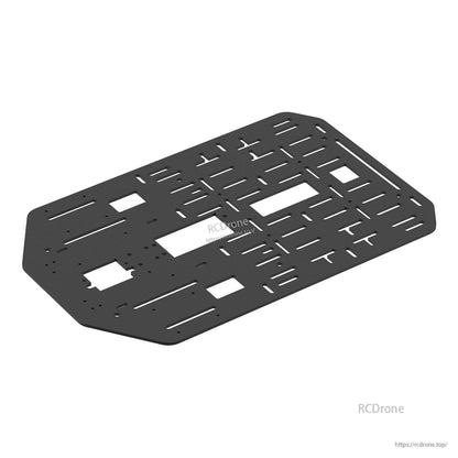Angled top view of black anodized aluminum alloy mounting plate with multiple slots and cutouts