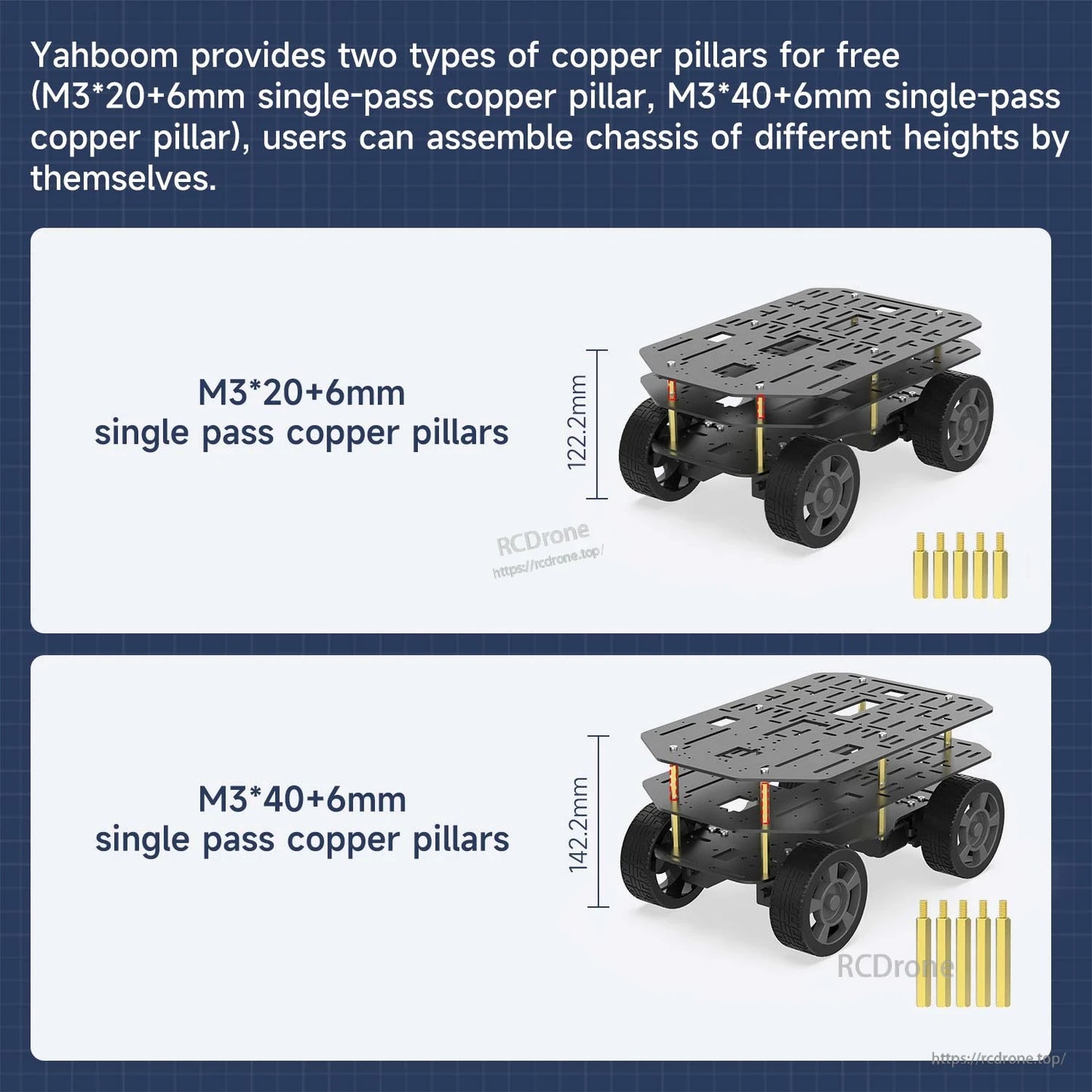 Stacking height examples using M3 copper pillars (20+6mm vs 40+6mm) on wheeled robot car chassis