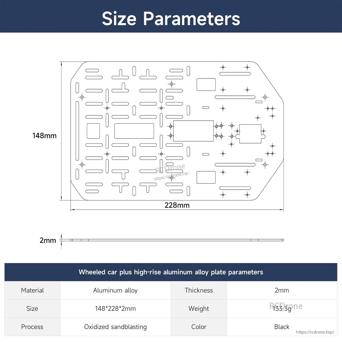 Size parameters drawing for aluminum alloy plate: 148mm x 228mm x 2mm with thickness profile and table