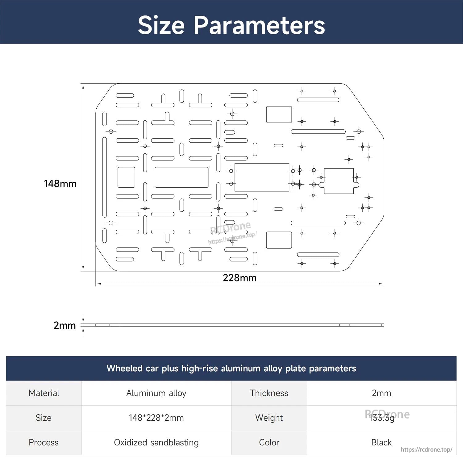 Size parameters drawing for aluminum alloy plate: 148mm x 228mm x 2mm with thickness profile and table