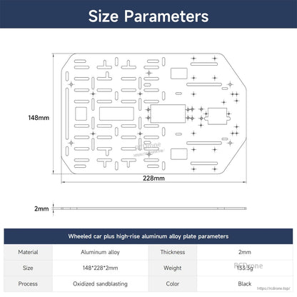 Size parameters drawing for aluminum alloy plate: 148mm x 228mm x 2mm with thickness profile and table