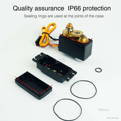 IP66 protection graphic showing servo opened with sealing rings and metal gear assembly