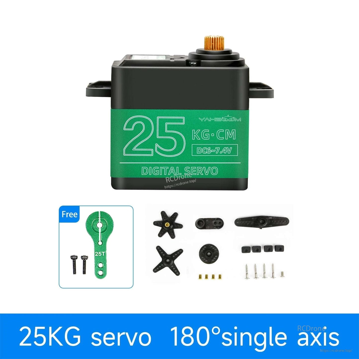 25KG digital servo front view with included horn set, screws and accessories; 180° single axis
