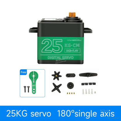 25KG digital servo front view with included horn set, screws and accessories; 180° single axis