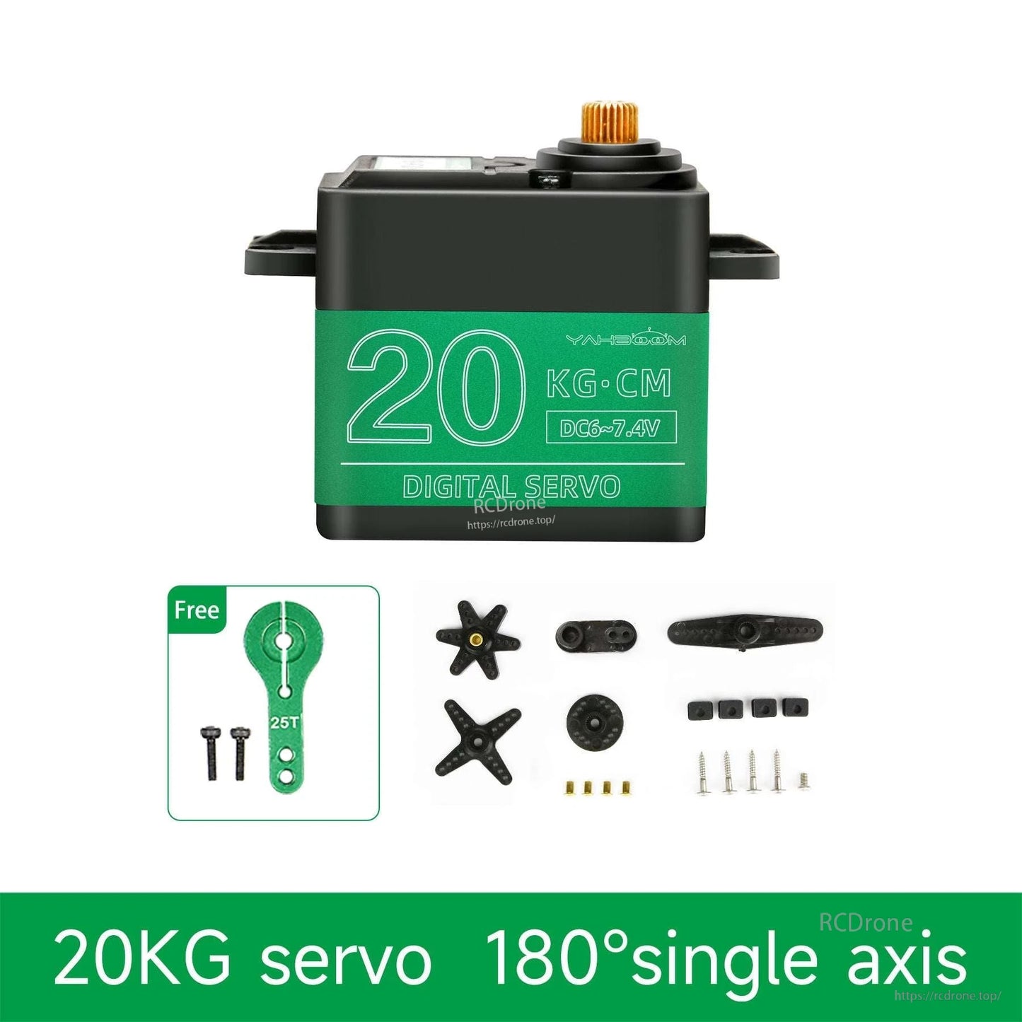 20KG digital servo front view with included horn set, screws and accessories; 180° single axis