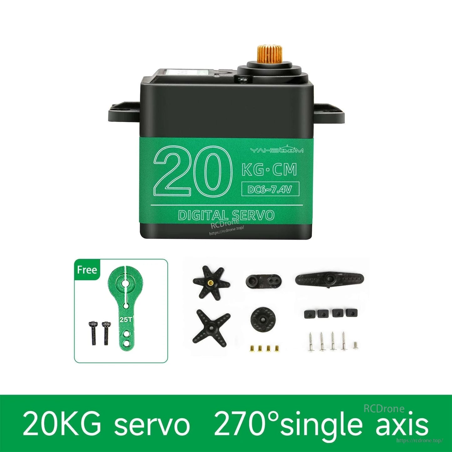 20KG digital servo front view with included horn set and hardware; 270° single axis version