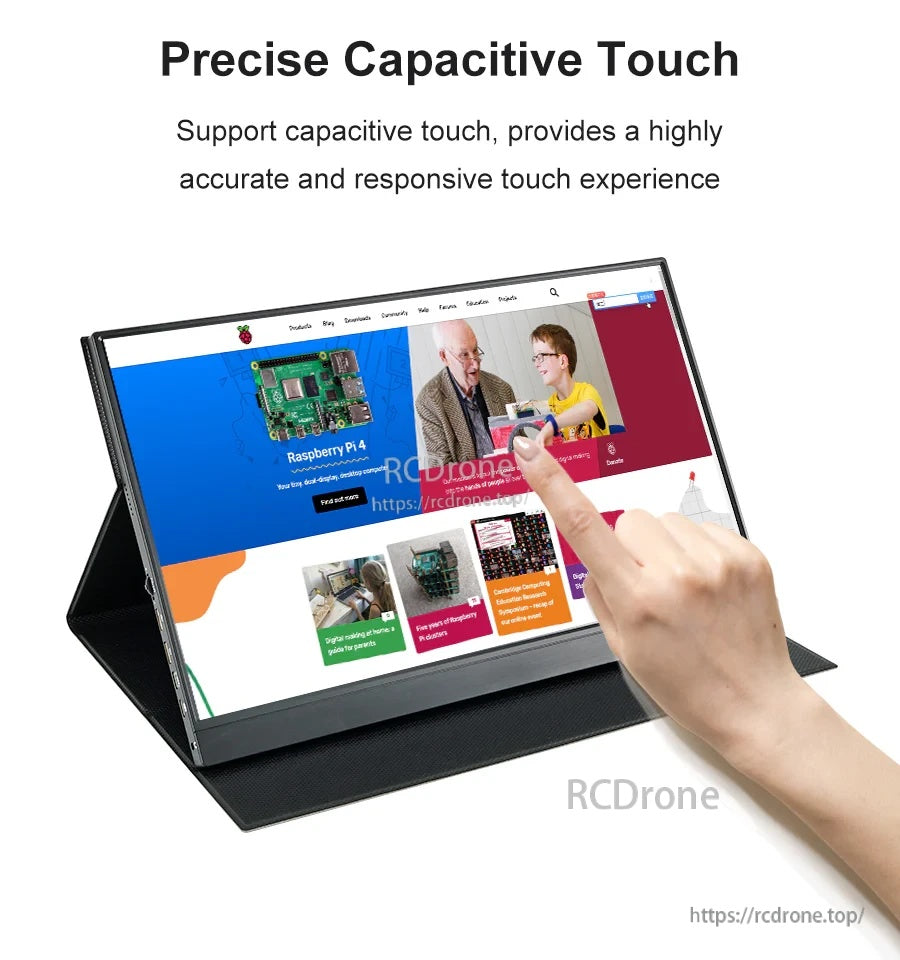 Capacitive touch demo on the monitor with a finger tapping the screen on the foldable stand cover