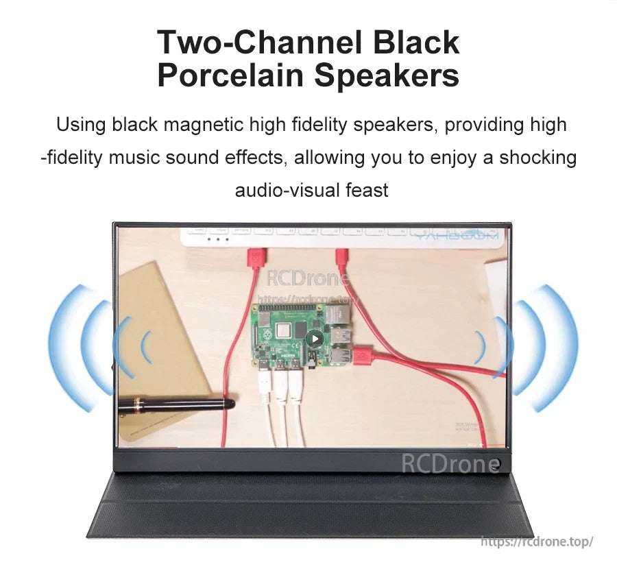 Two-channel black magnetic speaker illustration with audio waves on the portable monitor