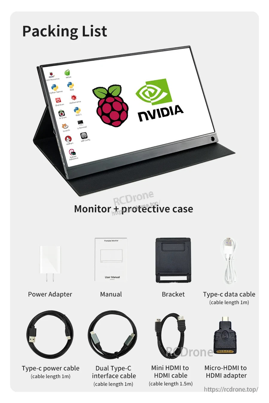 Packing list with portable touch monitor, protective case, bracket, Type-C cables, power adapter, and mini HDMI cable