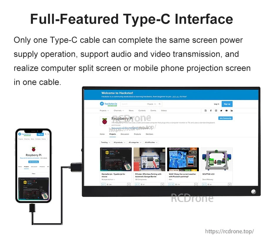 Full-featured Type-C single-cable connection graphic linking a phone to the portable monitor for video and audio