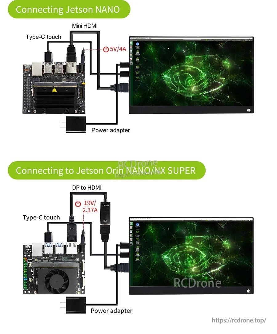 Jetson Nano and Jetson Orin connection diagrams for portable monitor using mini HDMI or DP-to-HDMI plus Type-C touch and power