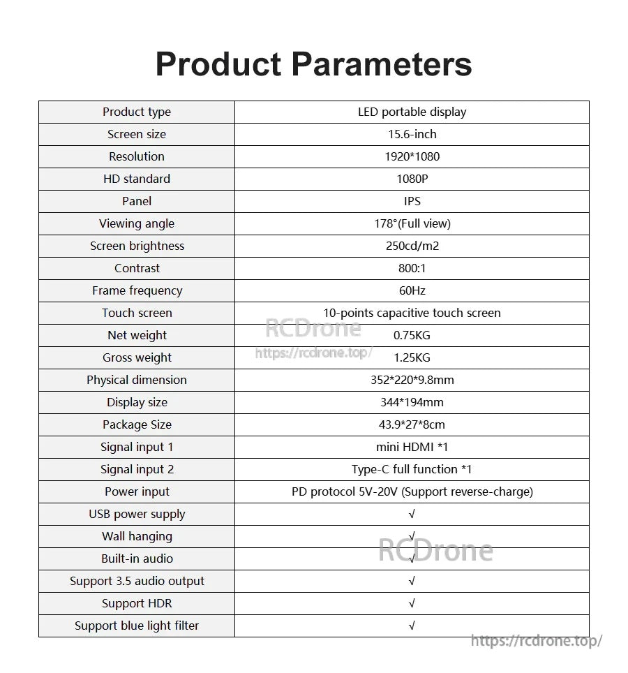 Product parameter table listing 15.6in IPS 1920x1080 60Hz display, 10-point touch, PD 5V-20V, and dimensions
