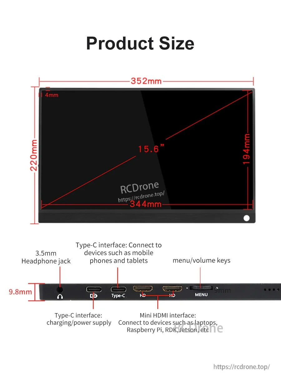 Product size and port layout for 15.6-inch monitor with Type-C, mini HDMI, 3.5mm audio jack, and control buttons