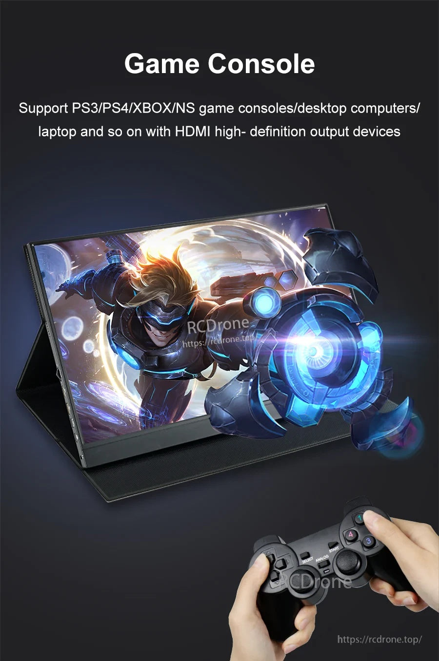 Portable monitor used with a game console controller, indicating HDMI support for PS, Xbox, Switch, and PCs