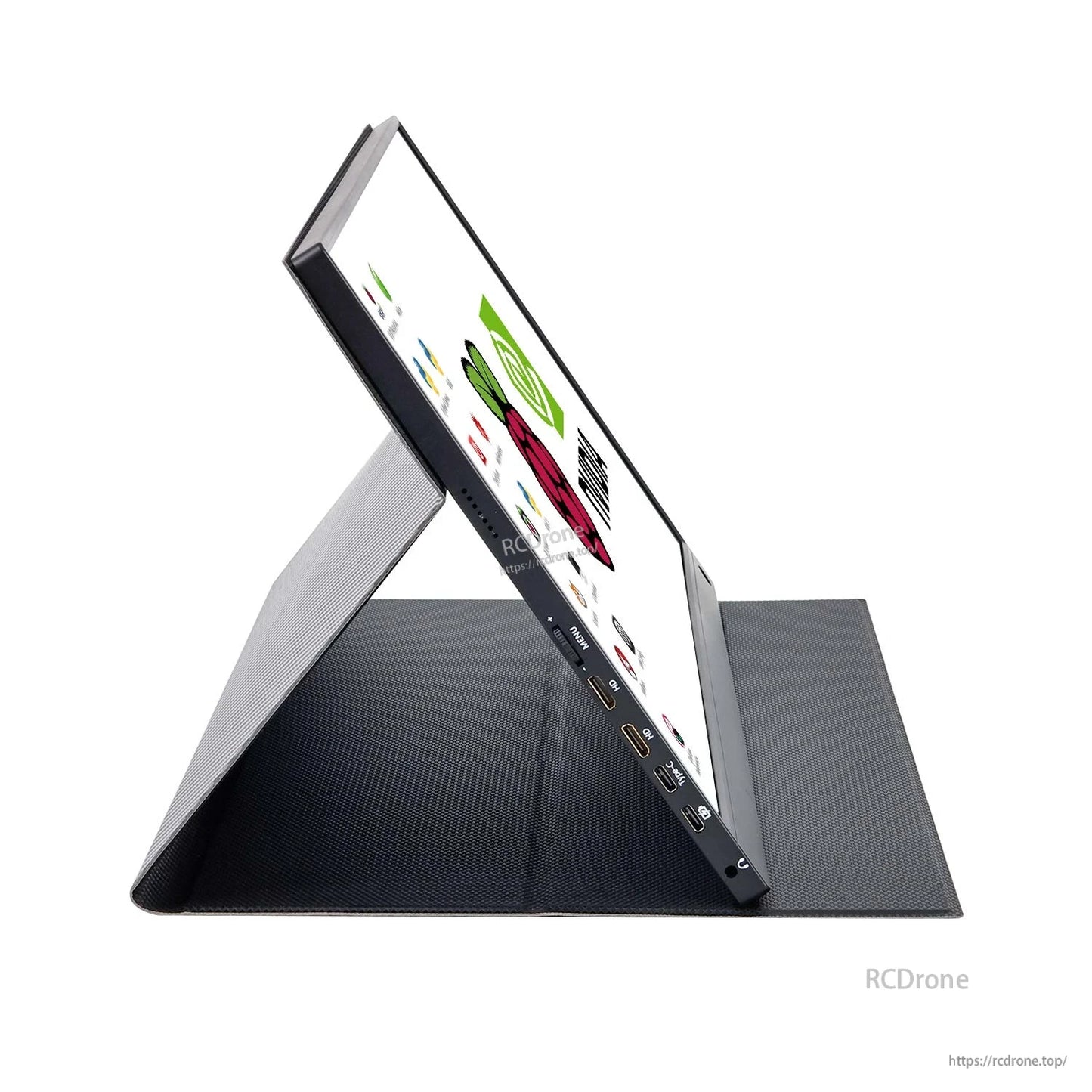 Side view of portable touch monitor with folio stand, showing Type‑C and mini HDMI ports along the edge