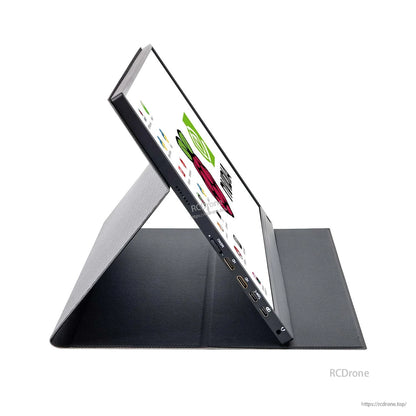 Side view of portable touch monitor with folio stand, showing Type‑C and mini HDMI ports along the edge