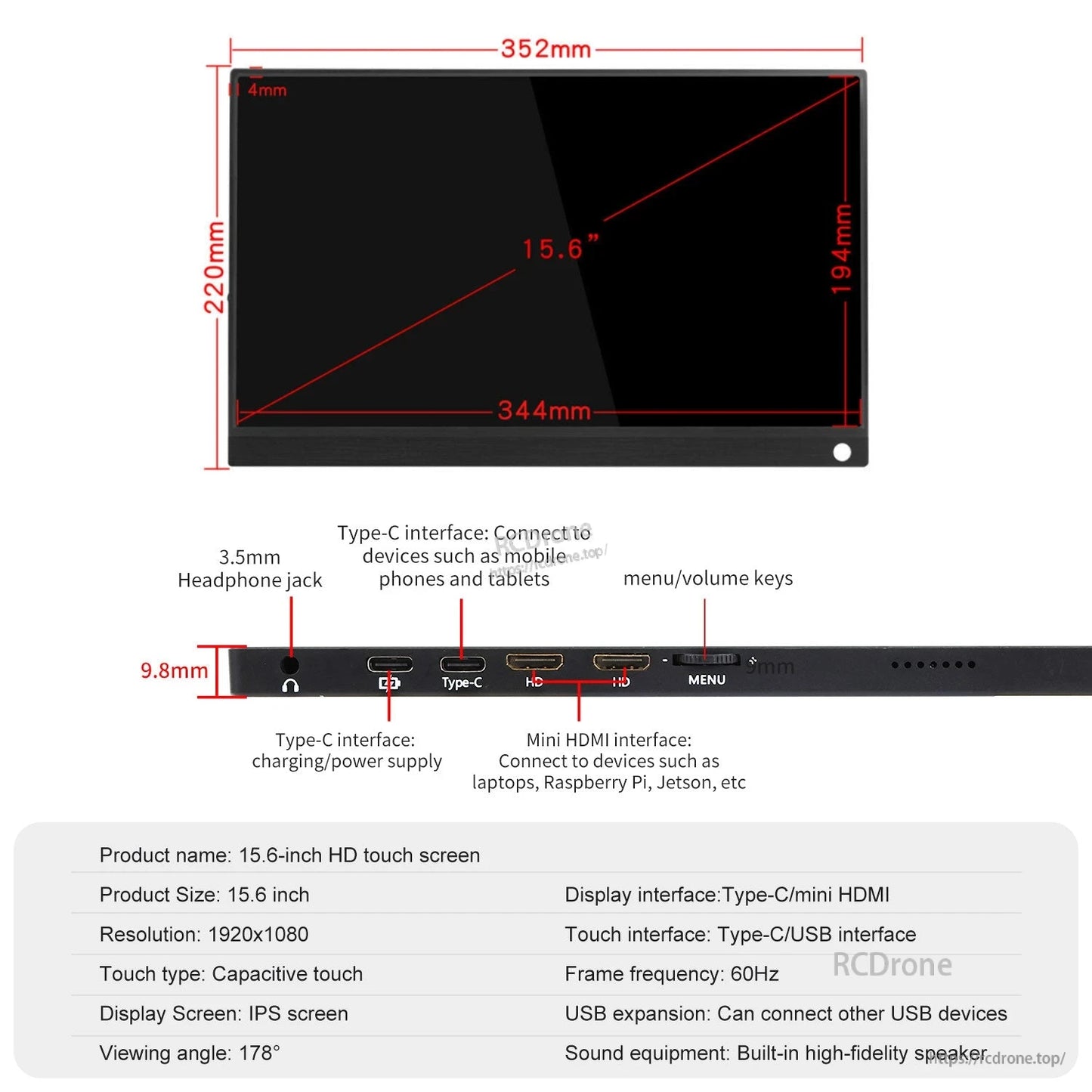 15.6in portable touch monitor size and port diagram with Type‑C power/input, mini HDMI, 3.5mm jack, menu keys