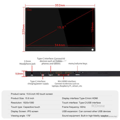 15.6in portable touch monitor size and port diagram with Type‑C power/input, mini HDMI, 3.5mm jack, menu keys
