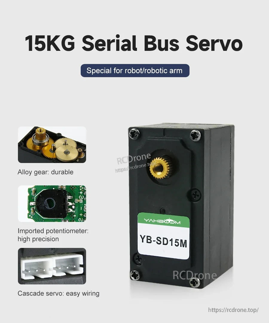 Yahboom YB-SD15M 15kg serial bus smart servo with metal gear, potentiometer feedback, and PH2.0 wiring