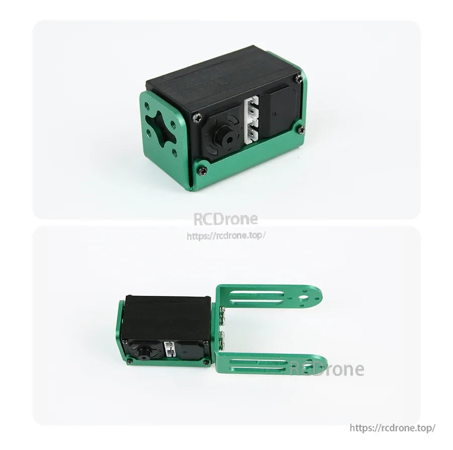 YB-SD15M servo mounted in green metal bracket, showing side profile and PH2.0 3-pin connector access