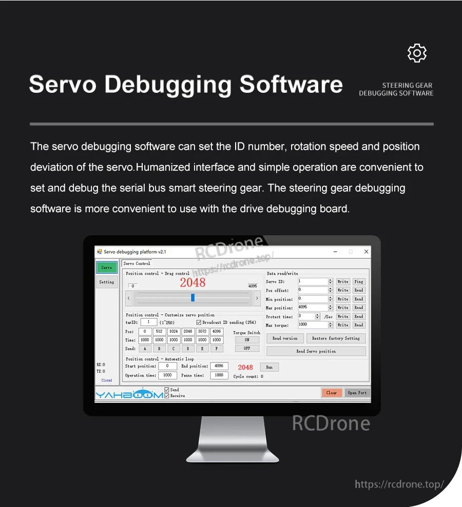 Servo debugging software interface for setting ID number, rotation speed, and position deviation over serial bus