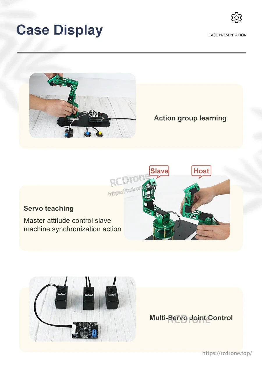 Robot arm application examples showing action-group learning, master-slave synchronization, and multi-servo joint control
