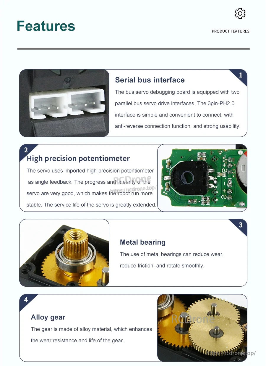 Feature overview highlighting PH2.0 serial bus interface, high-precision potentiometer, metal bearing, and alloy gear set
