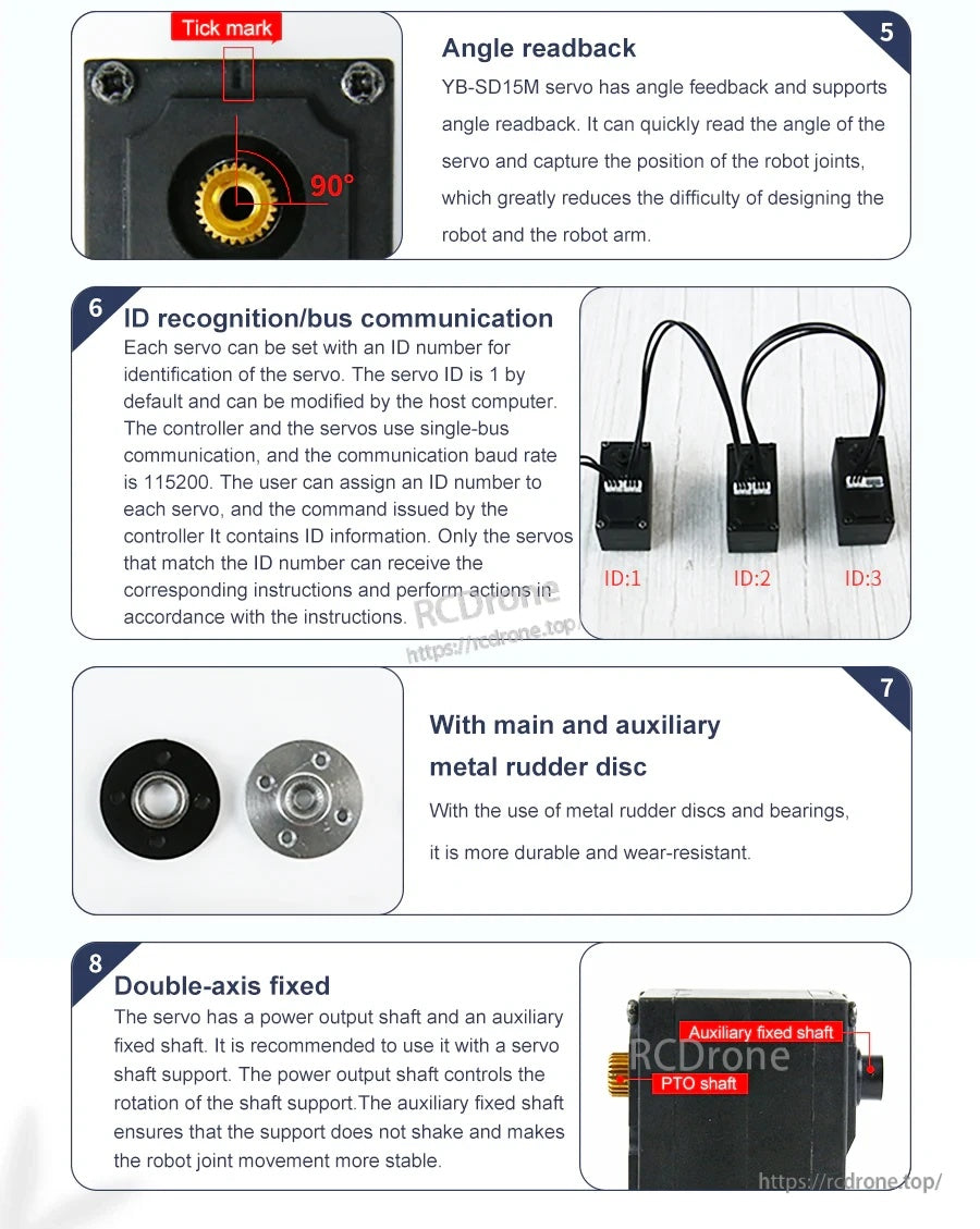 Angle readback, servo ID bus communication, dual metal servo horns, and double-axis fixed shaft stability details