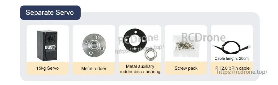 Package contents for servo: 15kg bus servo, metal horn, auxiliary metal disc/bearing, screw pack, and 20cm PH2.0 cable