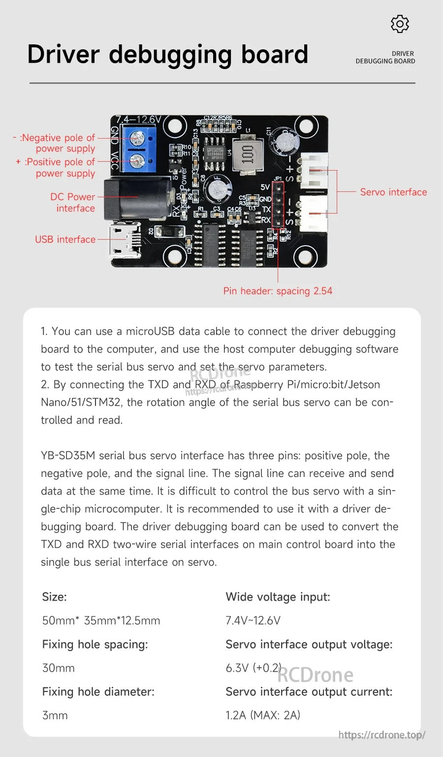 Driver debugging board layout with USB, DC power input, servo interface, and pin header connection labels