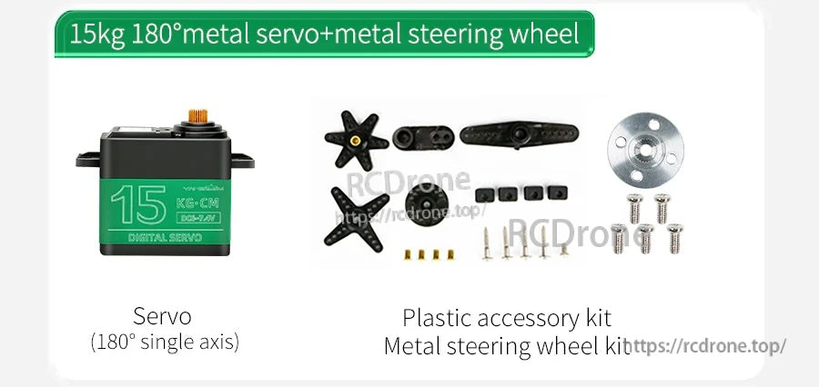 Yahboom 15kg 180° metal digital servo kit with plastic horns, metal steering wheel, screws and fittings