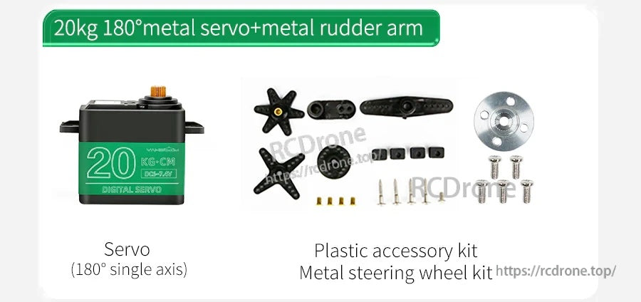 Yahboom 20kg 180° metal digital servo with metal rudder arm and included servo horns, wheel hub, and screws