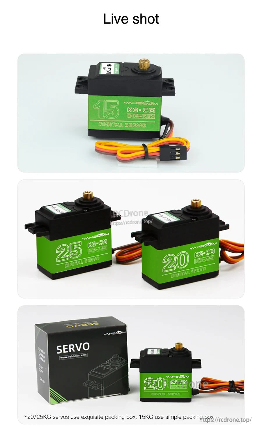Yahboom digital servo motors labeled 15KG, 20KG and 25KG with 3-wire lead and 3-pin connector